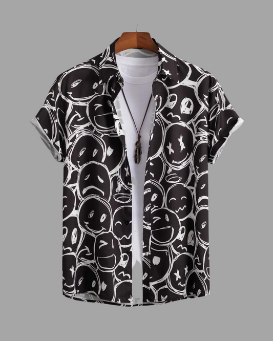 Face Expressions Pattern Casual Shirt, Button Short Sleeve